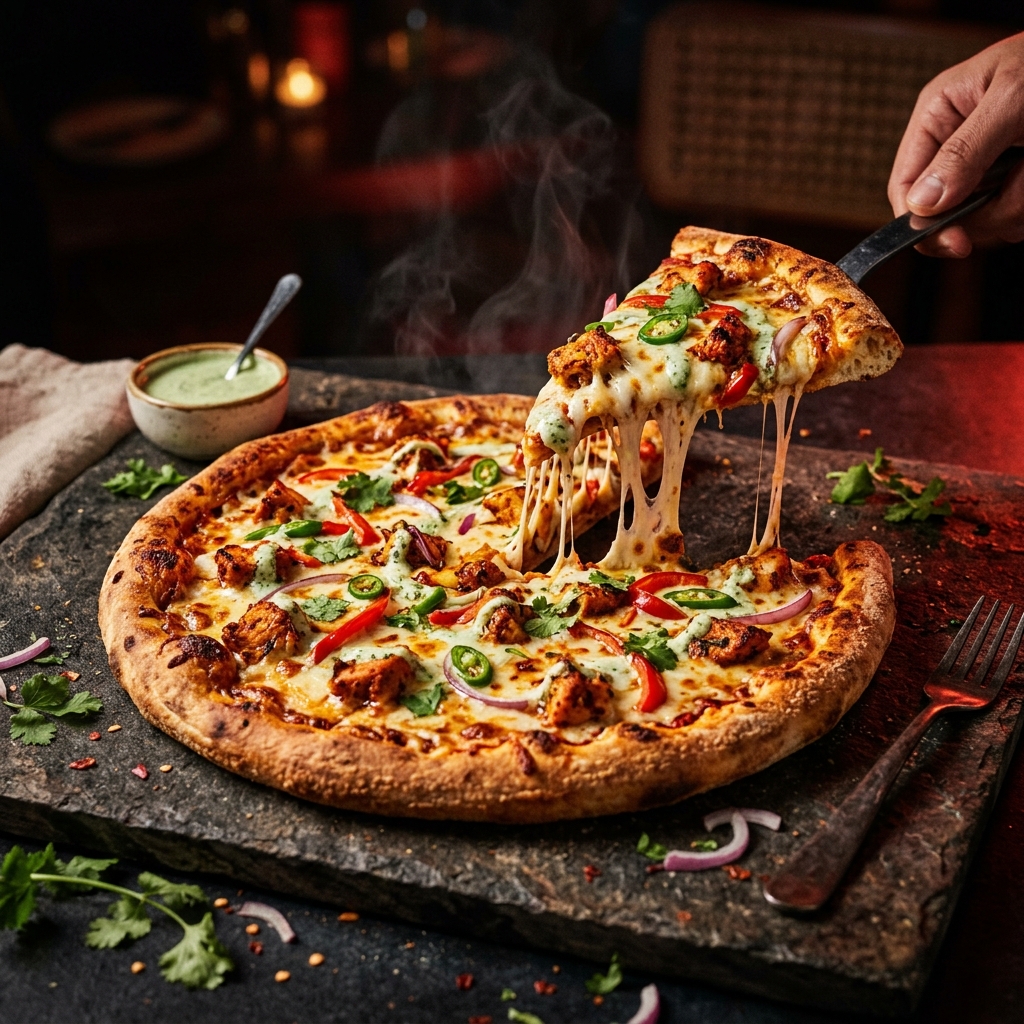 Loaded chicken tikka pizza with cheese and toppings